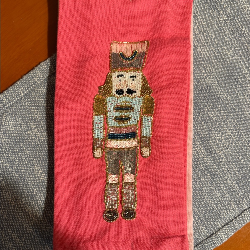 Pink Nutcracker Embroidered Tea Towel